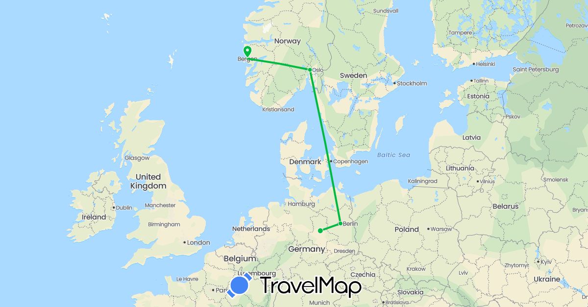 TravelMap itinerary: driving, bus in Germany, Norway (Europe)